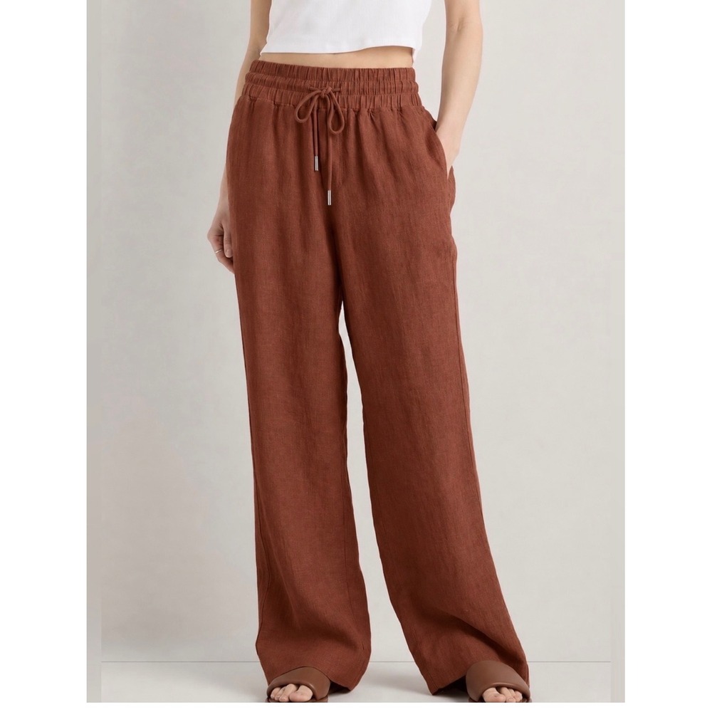 Quince | 2024 100% Linen Wide Leg Pants Small Brown Drawstring Elastic Waist